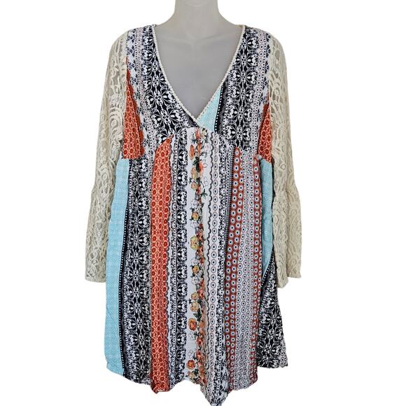 Boho Crochet Patchwork Dress Size Large Lace Sleeve Festival Flowy Oversized NEW - Picture 2 of 16